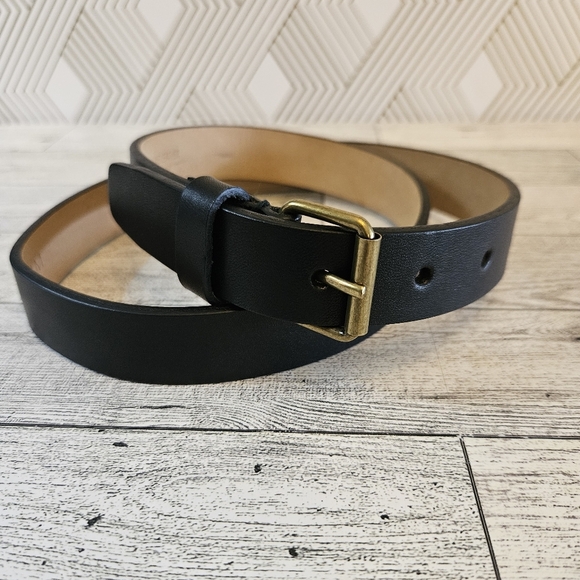 DEREK LAM Black Leather Brass Buckle Skinny Classic Basic Belt Large (30"-33") - Picture 1 of 5